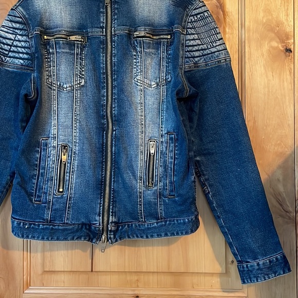 ANGEL COLA Men’s Biker Slim Fit Distressed Washed Blue Denim Jacket $234 EUC M - Picture 5 of 16